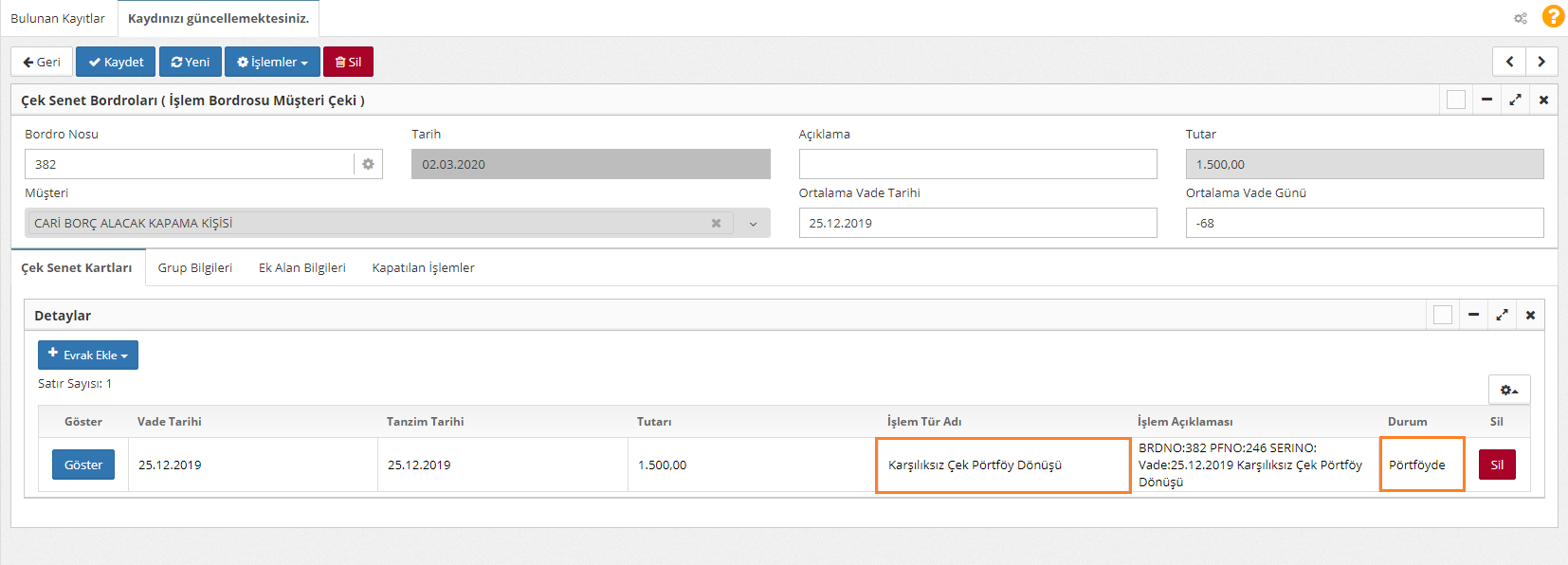 karşılıksız çek portföy dönüşü